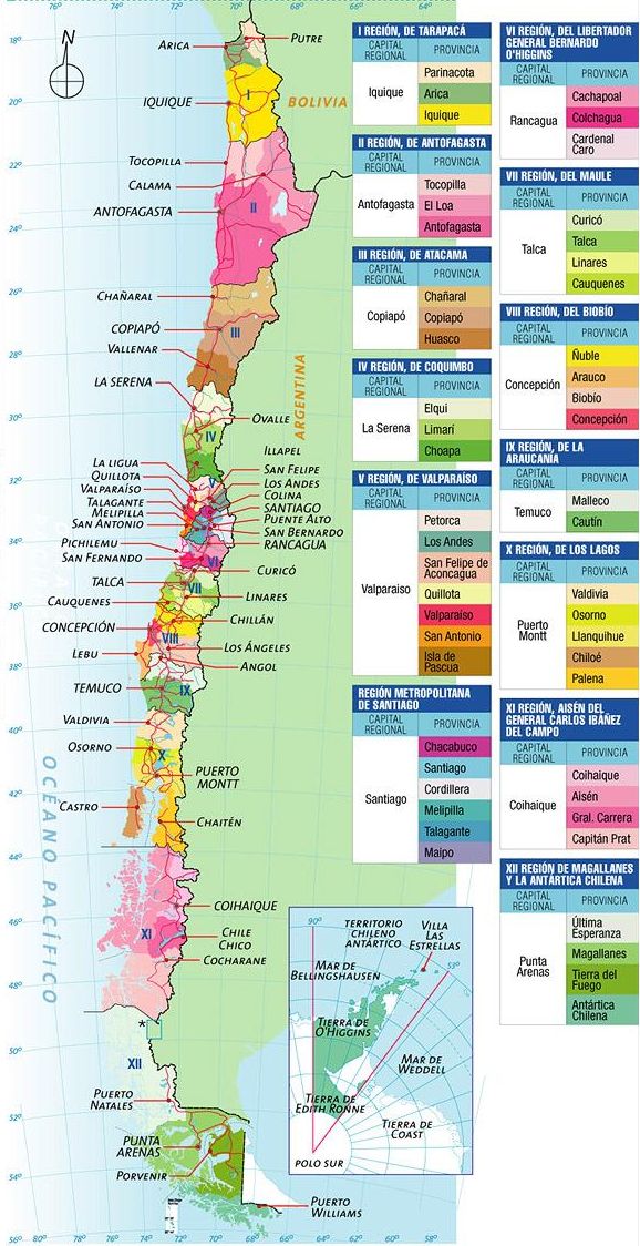 Mapa político de las regiones de Chile