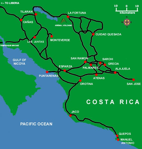 Arenal - Monteverde and San Jose basic road map