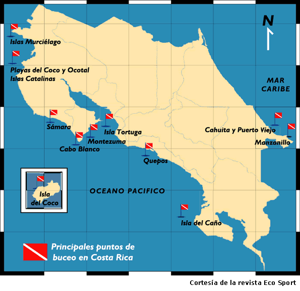 Mapa Puntos de Buceo en Costa Rica