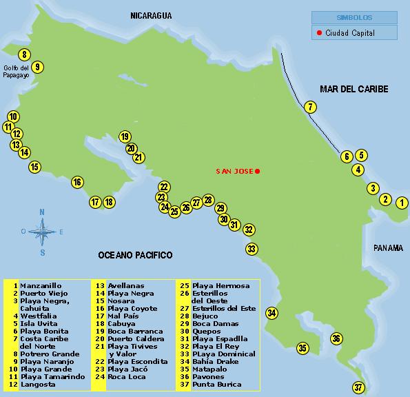 Mapa Puntos donde se practica Surf en Costa Rica