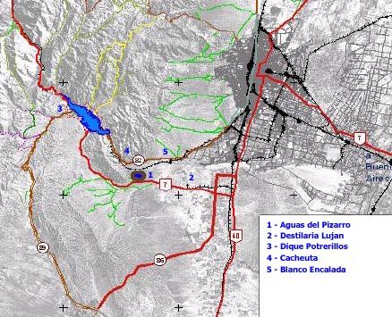 Mapa del dique y embalse Los Potrerillos