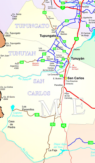 Mapa zona Valle de Uco, Mendoza: Tunuyan, Tupungato y San Carlos
