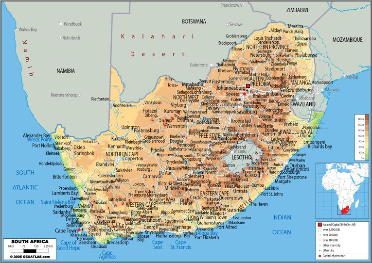 Mapa físico de Sudáfrica