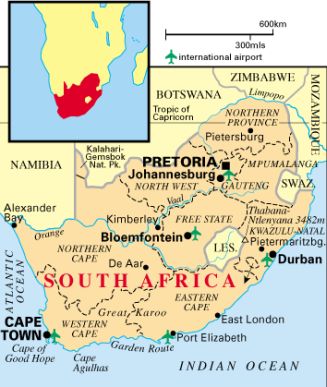 Ubicación de Sudáfrica en el continente africano