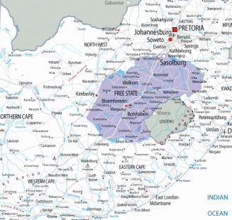 Mapa de la Provincia del Estado Libre (Free State) Sudáfrica