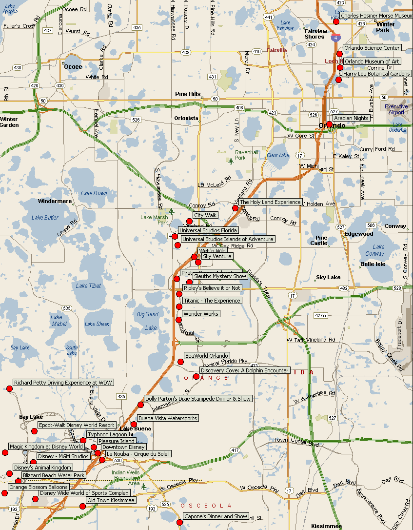 Mapa de las atracciones turísticas de Orlando