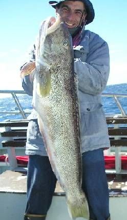Un pescador sobre una embargación muestra su ejemplar en Mar del Plata.
